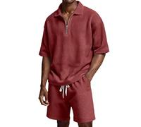 Générique Uomo Set Estate 2 Pezzi Poloshirt Maniche Corte Mezza Zip Tessuto Waffle E Pantaloncini Estivi Traspirante Per Spiaggia Uscita All'Aperto Vacanze Tennis Abbigliamento Business Golf Set