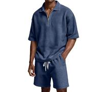 Générique Uomo Set Estate 2 Pezzi Poloshirt Maniche Corte Mezza Zip Tessuto Waffle E Pantaloncini Estivi Traspirante Per Spiaggia Uscita All'Aperto Vacanze Tennis Abbigliamento Business Golf Set