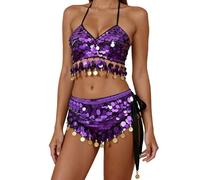 Générique Vestito da donna Danza del Pancia Orientale Glitter Brillante Set Reggiseno E Gonna Abito da Sera di Gala Costume Speciale per Danza Etnica Set di Costumi di Scena, viola., Taglia unica