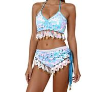 Générique Vestito da donna Danza del Pancia Orientale Glitter Brillante Set Reggiseno E Gonna Abito da Sera di Gala Costume Speciale per Danza Etnica Set di Costumi di Scena, blu, Taglia unica