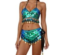 Générique Vestito da donna Danza del Pancia Orientale Glitter Brillante Set Reggiseno E Gonna Abito da Sera di Gala Costume Speciale per Danza Etnica Set di Costumi di Scena, verde, Taglia unica