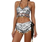 Générique Vestito da donna Danza del Pancia Orientale Glitter Brillante Set Reggiseno E Gonna Abito da Sera di Gala Costume Speciale per Danza Etnica Set di Costumi di Scena, bianco, Taglia unica
