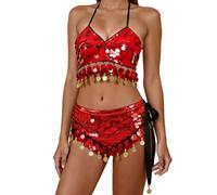 Générique Vestito da donna Danza del Pancia Orientale Glitter Brillante Set Reggiseno E Gonna Abito da Sera di Gala Costume Speciale per Danza Etnica Set di Costumi di Scena, rosso, Taglia unica