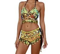 Générique Vestito da donna Danza del Pancia Orientale Glitter Brillante Set Reggiseno E Gonna Abito da Sera di Gala Costume Speciale per Danza Etnica Set di Costumi di Scena, oro, Taglia unica