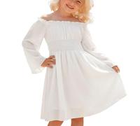 Générique Vestito da ragazza - Abito estivo per bambini stile caftano elegante, spalle scoperte con balze, elastico in vita leggero traspirante, per il carnevale parco divertimenti e vacanze, bianco