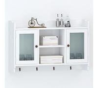 Générique Vetrina da parete in MDF bianco con ripiano per libri, DVD e vetro, due ante in vetro e 4 ganci per cappotti e borse
