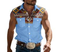 Générique Vikings - Camicia da uomo senza maniche, con ricamo medievale retrò, camicia da cowboy occidentale vintage da uomo con colletto a patta tasche sul petto con bottoni in tessuto leggero