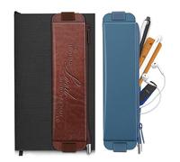 Generisch 2 astucci, in materiale PU, con fascia elastica, tasca con cerniera per diario, taccuino, materiale scolastico, tablet, marrone e blu