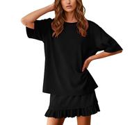 Generisch 2 pezzi, da donna, con scollo rotondo, a maniche corte, in tinta unita, maglietta larga e gonna corta con orlo piegato, tuta da jogging, O nero., M