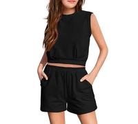 Generisch 2 pezzi vestito bambina canotta senza maniche girocollo e pantaloncini con pantaloncini casual set salopette Baby 86, Nero , 11-12 Jahre