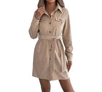 Generisch 2025, abito da donna in velluto a coste a maniche lunghe, con cintura, mini tunica, autunno, casual, per autunno e inverno, comodo e versatile, per look, facile da pulire, cachi, S