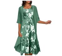 Generisch 2025 - Abito senza maniche con stampa di moda da donna mezza manica sciarpa in chiffon cardigan due pezzi set vestito da donna corto stretto, verde, XXL
