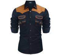 Generisch 2025 Camicia a maniche lunghe con colletto da uomo in stile denim occidentale camicie business uomo, Blu marino, L