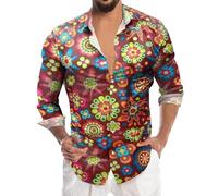 Generisch 2025 Camicia da uomo per il tempo libero con motivo floreale a maniche lunghe, orlo d'affari, pulsante camicia da uomo, Colore: rosso, L
