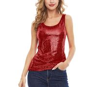 Generisch 2025 Canotta senza maniche con paillettes glitterate, gilet, top, canotta scintillante per donne e ragazze scollo sexy, Colore: rosso, S
