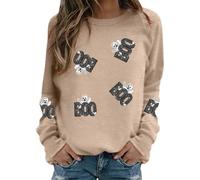 Generisch 2025 Donna Casual Halloween Print Girocollo Manica Lunga Felpa Top Inverno Moda Basic Maglione Tunica Camicetta per la vita di tutti i giorni, cachi, XXL