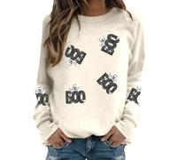 Generisch 2025 Donna Casual Halloween Print Girocollo Manica Lunga Felpa Top Inverno Moda Basic Maglione Tunica Camicetta per la vita di tutti i giorni, beige., L