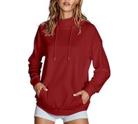 Generisch 2025 Felpa con cappuccio da donna con collo alto e tasche laterali, tinta unita, senza velluto T Shirt da donna, Colore: rosso, S