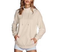 Generisch 2025 Felpa con cappuccio da donna con collo alto e tasche laterali, tinta unita, senza velluto T Shirt da donna, beige., XXL