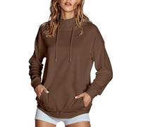 Generisch 2025 Felpa con cappuccio da donna con collo alto e tasche laterali, tinta unita, senza velluto T Shirt da donna, caffè, L