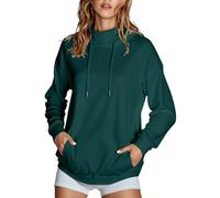 Generisch 2025 Felpa con cappuccio da donna con collo alto e tasche laterali, tinta unita, senza velluto T Shirt da donna, Verde scuro, L