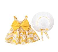 Generisch 2025 - Fiocco Baby Increspature Vestito Infanzia Fiori Spiaggia Senza Maniche Bambino Vacanza 0-3 Anni Principessa Estate Ragazza Abiti Cappello Set Ragazze Vestiti Garza Per Ragazze, giallo