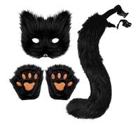 Generisch 2025 New Cat Fox Cosplay Gatto Peloso Gatto Volpe Maschera Therian Guanti E Coda Di Volpe Carnevale Halloween Party Cosplay Costume Set Per Bambini Adulti (A01-nero)