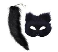 Generisch 2025 New Cat Fox Cosplay Gatto Peloso Gatto Volpe Maschera Therian Guanti E Coda Di Volpe Carnevale Halloween Party Cosplay Costume Set Per Bambini Adulti (A02-nero)