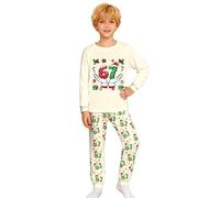 Generisch 2025 Pigiama a maniche lunghe da ragazzo con stampa festiva, vestito in due pezzi per tutta la famiglia, comodo loungewear, beige., 8-9 Jahre