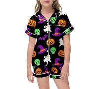 Generisch 2025 - Set di vestiti di Halloween per ragazze con stampa a pipistrello, biancheria da notte, pigiameria, costume per bambini maglietta ragazza, Nero , 2-3 Anni