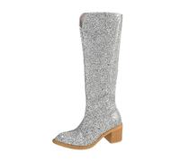 Generisch 2025, stivali alti al ginocchio, scarpe da festa con tacco grosso, comodi e casual stivali da ballo da donna, eleganti e lucidi, protezione per il tallone per scarpe da donna, argento, 41 EU