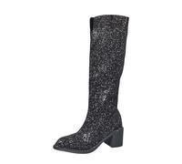 Generisch 2025, stivali alti al ginocchio, scarpe da festa con tacco grosso, comodi e casual stivali da ballo da donna, eleganti e lucidi, protezione per il tallone per scarpe da donna, Nero , 40 EU