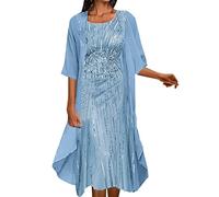 Generisch 2025 Tempo libero Elegante Abito in chiffon stampato Due pezzi Abito stretto da donna con glitter, Blu, M