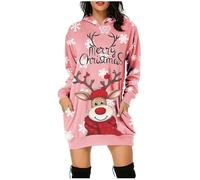 Generisch 2026 abito di Natale vestito da donna con stampa di Natale a maniche lunghe con cappuccio a maniche lunghe abiti midi con tasche, Rosa-e, XL