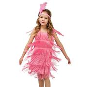 Generisch 2026 - Abito flapper per ragazza, paillettes, frange, abito da ballo latino, nappa, abito tango, costume da sala da ballo con fascia in piuma Mini pavimento ragazza, Colore: rosa., 10-12