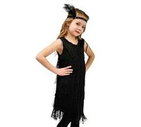Generisch 2026 - Abito flapper per ragazza, paillettes, frange, abito da ballo latino, nappa, abito tango, costume da sala da ballo con fascia in piuma ragazza breve estate, Nero , 7-9 anni