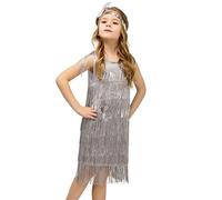 Generisch 2026 - Abito flapper per ragazza, paillettes, frange, abito da ballo latino, nappa, abito tango, costume da sala da ballo con fascia in piuma taglia ragazza, grigio., 10-12 Anni