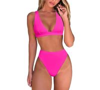 Generisch 2026 bikini perizoma da donna a vita alta, top a triangolo brasiliano, scollo a V profondo, costume da bagno in due pezzi, costumi da bagno autobus, rosa intenso, L