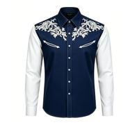 Generisch 2026, camicia da cowboy western da uomo, a maniche lunghe, ricamata, taglio sottile, casual, con tasche, per l'uso quotidiano, Blu marino, L