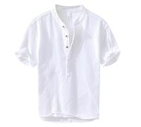 Generisch 2026 Camicia estiva da uomo in lino con maniche corte e mezzo bottoni, bianco, L