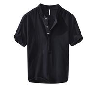 Generisch 2026 Camicia estiva da uomo in lino con maniche corte e mezzo bottoni, Nero , L