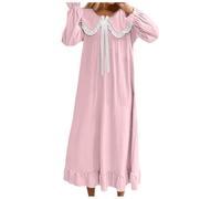 Generisch 2026 Camicie da notte lunghe da donna in raso con maniche fiocco bordo in pizzo per una casa elegante relax, Colore: rosa., M