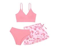 Generisch 2026 - Costume da bagno da bambina 3 pezzi tinta unita bikini rullfe costume da bagno slip ragazza bikini set completo, Colore: rosa., 17-18 Jahre