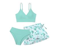 Generisch 2026 - Costume da bagno da bambina 3 pezzi tinta unita bikini rullfe costume da bagno slip ragazza bikini set completo, Verde menta, 16-17 Jahre