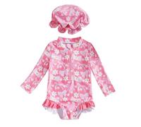 Generisch 2026 - Costume da bagno da bambina bambina a maniche lunghe da bagno pagliaccetto con cappello costume da bagno spiaggia Rash Guard pancia top, rosa intenso, 18-24 Mesi