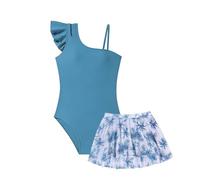 Generisch 2026 Costume da bagno da bambina con motivo tropicale, gonna cucita per spiaggia e piscina, ideale per nuotare in terme, spiagge sabbiose, Blu marino, 11-12 Anni