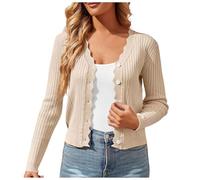 Generisch 2026 Donna Manica Lunga Cropped Cardigan Leggero Pulsante Down Maglione Scollo a V, beige., L