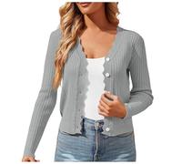 Generisch 2026 Donna Manica Lunga Cropped Cardigan Leggero Pulsante Down Maglione Scollo a V, grigio chiaro., XXL