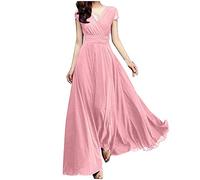 Generisch 2026 - Donna Scollo a V Colore solido Vita in chiffon manica corta per chiudere Abito da sera Maxi abito 38, Colore: rosa., L