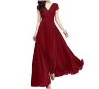Generisch 2026 - Donna Scollo a V Colore solido Vita in chiffon manica corta per chiudere Abito da sera Maxi abito 38, Colore: rosso, 3XL